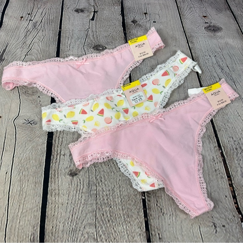 Aqua Intimates Lace Trim Thong Panties Underwear Set of Three White & Pink M NWT